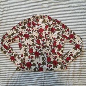 Vintage Doncaster Medium Faux Wrap Beautiful RedRose Floral On Cream Long Sleeve